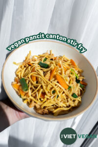 vegan stir fry in a white bowl in front of a white sheer curtain